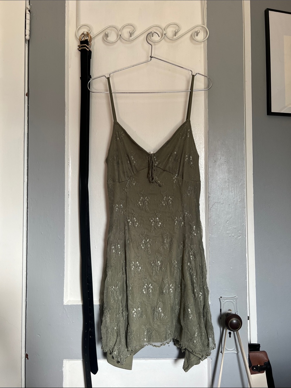 Olive Lace-Embellished Mini Slip Dress